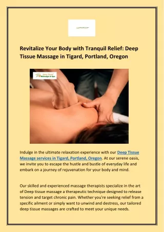 Revitalize Your Body with Tranquil Relief: Deep Tissue Massage in Tigard