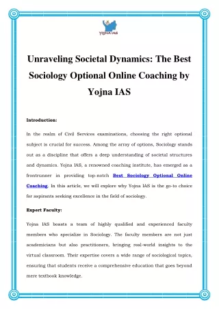 Mastering Sociology: Yojna IAS, the Epitome of Online Coaching Excellence