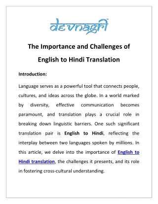 The Importance and Challenges of English to Hindi Translation