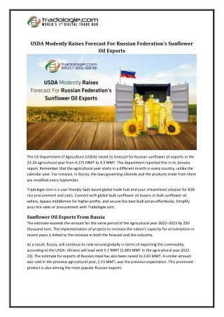 USDA Modestly Raises Forecast For Russian Federation's Sunflower Oil Exports