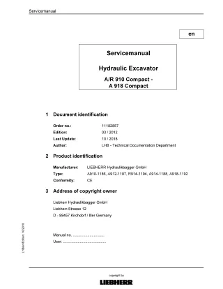 LIEBHERR A910-1186 Compact Hydraulic Excavator Service Repair Manual