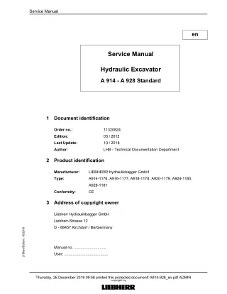 LIEBHERR A916-1177 Standard Hydraulic Excavator Service Repair Manual SN：60731 and up