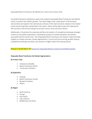 Disposable Blood Transfusion Set Market Size, Share and Forecast 2031
