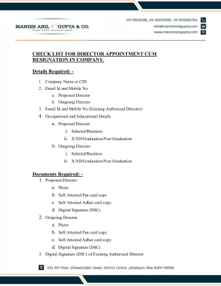 Check List for Director Appointment CUM Resignation in Company