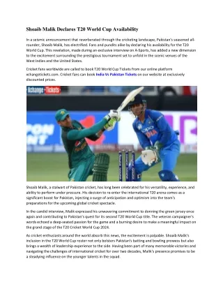 Shoaib Malik Declares T20 World Cup Availability