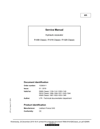 LIEBHERR R926 -1023 Classic Hydraulic Excavator Service Repair Manual