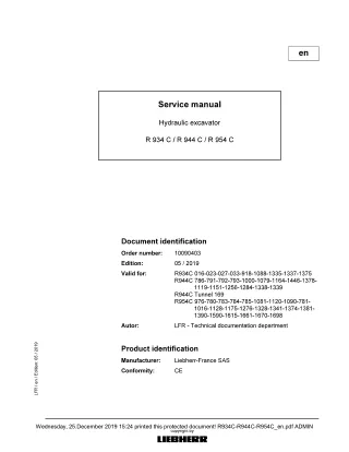 LIEBHERR R934C -023 Hydraulic Excavator Service Repair Manual