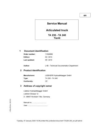 LIEBHERR TA240 Articulated Truck Service Repair Manual