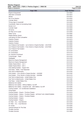 Massey Ferguson 6465 TRACTOR (TIER 3  Perkins Engine) Service Parts Catalogue Manual (Part Number  3906138)