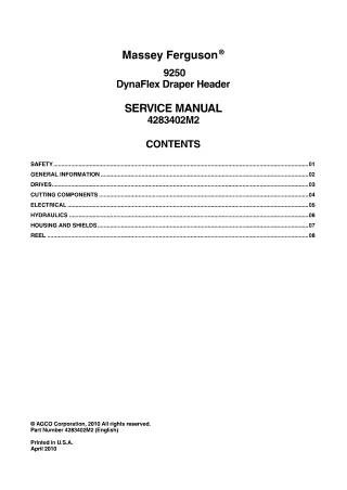 Massey Ferguson 9250 DynaFlex Draper Header Service Repair Manual