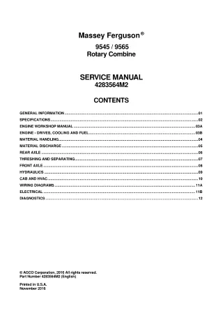 Massey Ferguson 9545 Rotary Combine Service Repair Manual