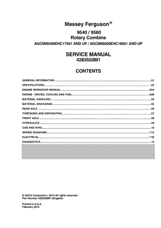 Massey Ferguson 9560 Rotary Combine Service Repair Manual