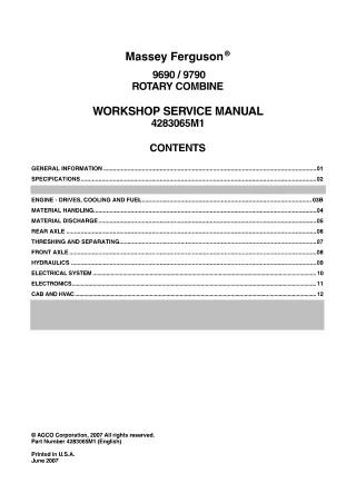 Massey Ferguson 9690 Rotary Combine Service Repair Manual