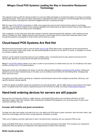 Milagro Cloud POS Systems Leading the Way in Innovative Restaurant Technology