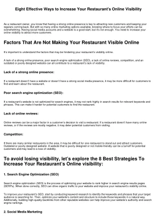 Eight Effective Ways to Increase Your Restaurant's Online Visibility
