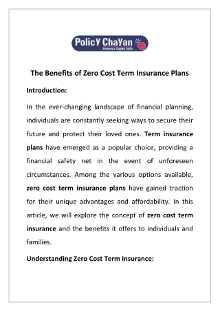 The Benefits of Zero Cost Term Insurance Plans