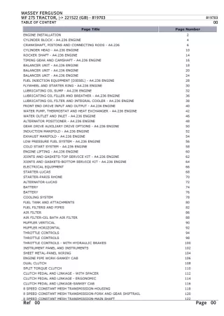 Massey Ferguson MF 275 TRACTOR (- 221522 (GB)) Parts Catalogue Manual