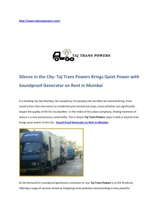 Silence in the City Taj Trans Powers Brings Quiet Power with Soundproof Generator on Rent in Mumbai