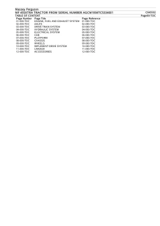 MASSEY FERGUSON MF 455XTRA TRACTOR FROM SERIAL NUMBER AGCM1004TC5334001 Parts Catalogue Manual