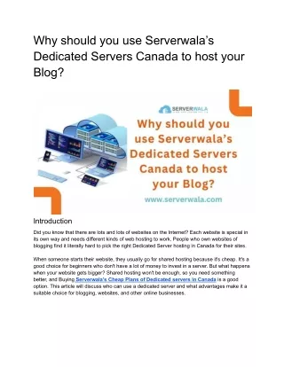 Why should you use Serverwala’s Dedicated Servers Canada to host your Blog_