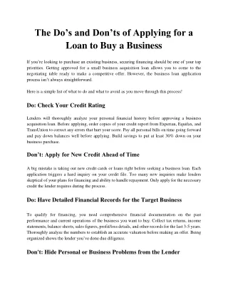 The Do’s and Don’ts of Applying for a Loan to Buy a Business