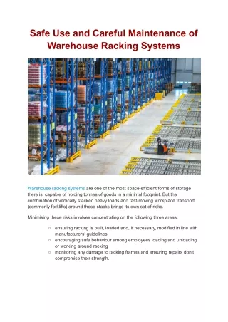 Safe Use and Careful Maintenance of Warehouse Racking Systems