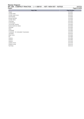 Massey Ferguson MF 1260 COMPACT TRACTOR (- E60101 - HST  NON HST) Parts Catalogue Manual