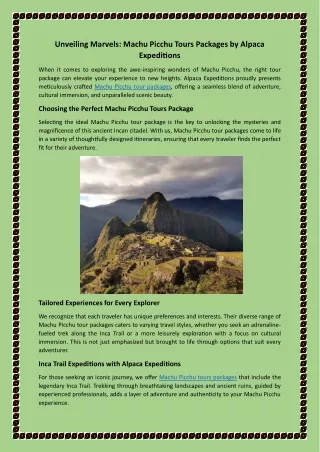 Unveiling Splendors: Machu Picchu Tours Packages with Alpaca Expeditions