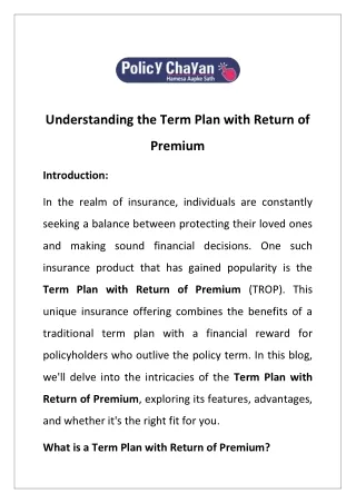 Understanding the Term Plan with Return of Premium