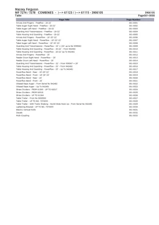 Massey Ferguson MF 7274 COMBINES (--- 61123  --- 61115) Parts Catalogue Manual