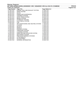 Massey Ferguson MF 9280 (62000-63999) (500000001-999  500400001-999 AL) DELTA COMBINE Parts Catalogue Manual