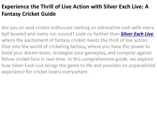 Experience the Thrill of Live Action with Silver Exch Live: A Fantasy Cricket Gu