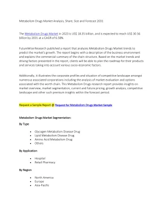 Metabolism Drugs Market Analysis, Share, Size and Forecast 2031