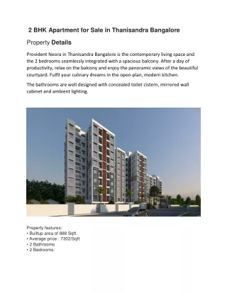 2 BHK Apartment for Sale in Thanisandra Bangalore