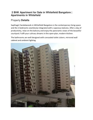 2 BHK Apartment for Sale in Whitefield Bangalore