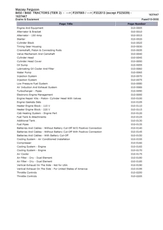 Massey Ferguson MF8450 TRACTORS (TIER 2) (- P297069  - P332013 (except P325039)) Parts Catalogue Manual