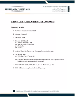 Check List for ROC Filing of Company