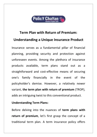 Term Plan with Return of Premium: Understanding a Unique Insurance Product