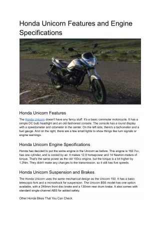 Honda Unicorn Features and Engine Specifications