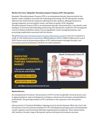 The Idiopathic Thrombocytopenic Purpura Therapeutics Market To Come Out Stronger