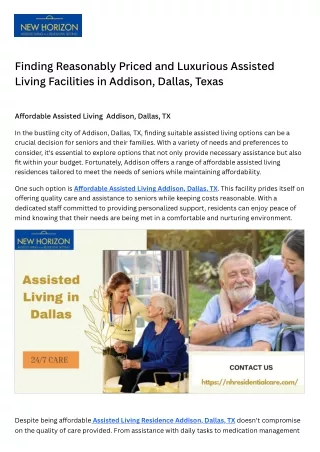 Assisted Living Facilities in Addison, Dallas, Texas