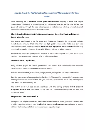 How to Select the Right Electrical Control Panel Manufacturers for Your Needs