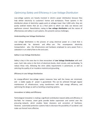 Optimizing Safety and Efficiency in Low Voltage Distribution