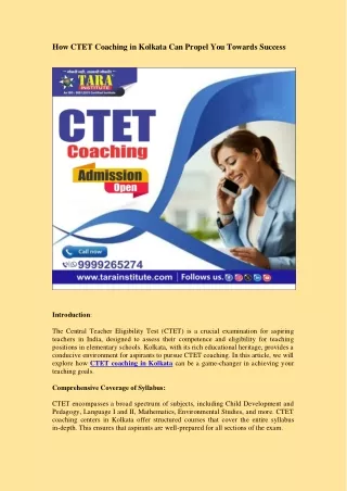 How CTET Coaching in Kolkata Can Propel You Towards Success