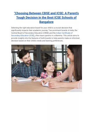 "Explore the factors influencing parental choice between CBSE and ICSE in Bangalore's premier schools."