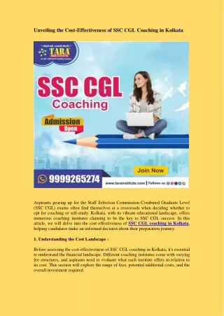 Unveiling the Cost-Effectiveness of SSC CGL Coaching in Kolkata