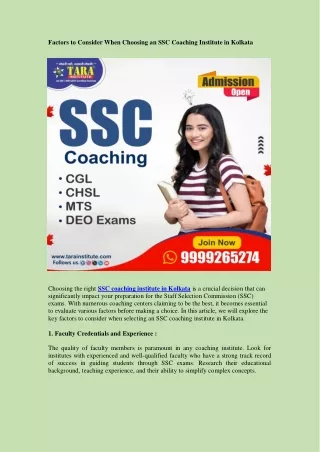 Factors to Consider When Choosing an SSC Coaching Institute in Kolkata