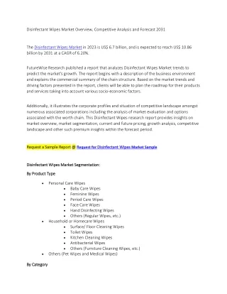 Disinfectant Wipes Market Overview, Competitive Analysis and Forecast 2031