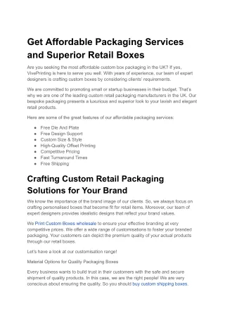 Get Affordable Packaging Services and Superior Retail Boxes