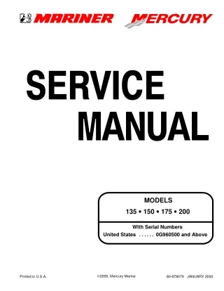 Mercury Mariner Outboard 135HP Service Repair Manual SN：0G960500 and Above